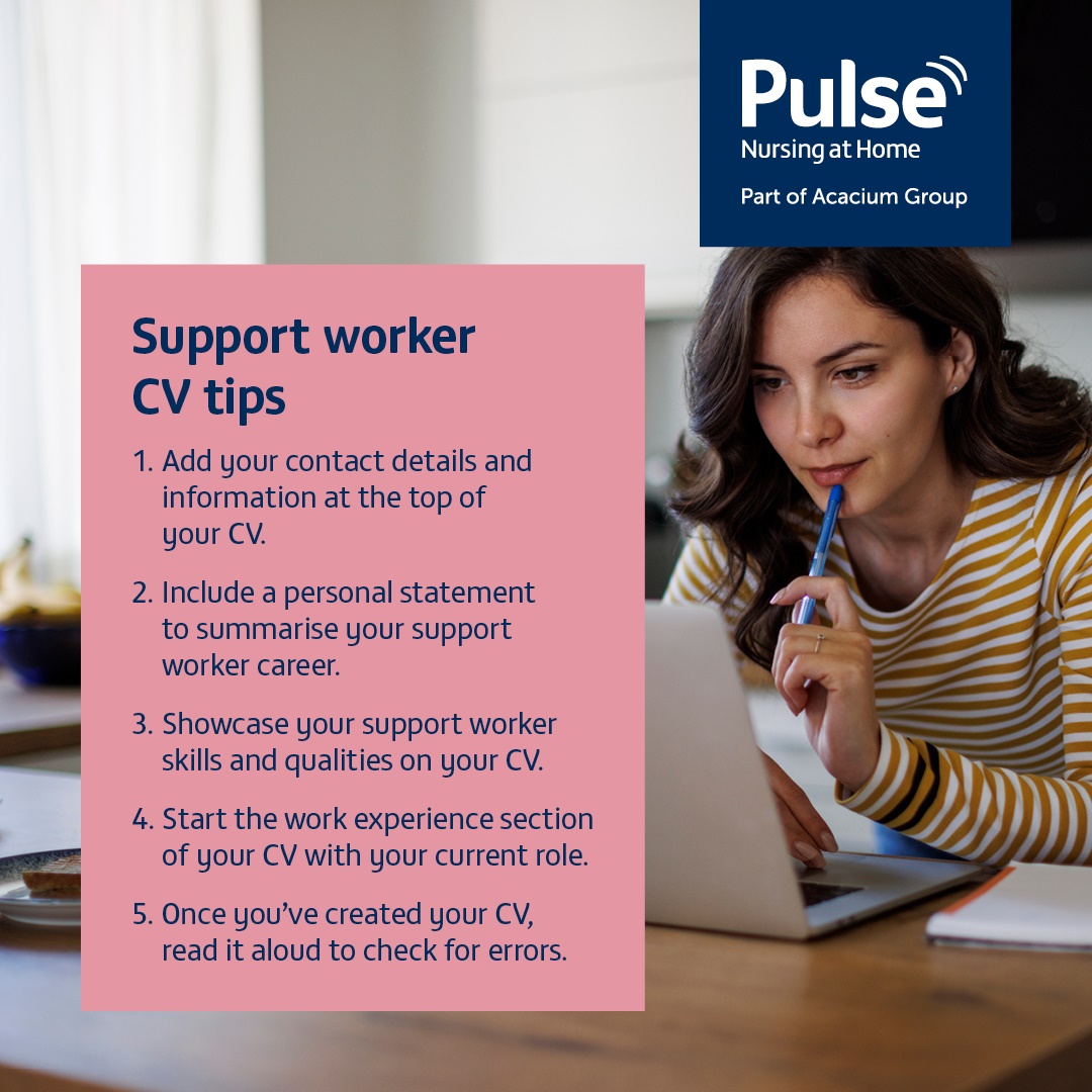 A graphic showing five support worker CV tips, including adding contact details, providing a personal statement, showcasing skills and qualities, starting work experience with most current role, and reading the CV out loud to check for errors.