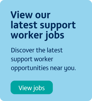 A button that takes you to a website page to view the latest support worker jobs at Pulse Nursing at Home.