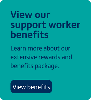 A button that takes you to a website page to view the benefits available to Pulse Nursing at Home support workers.